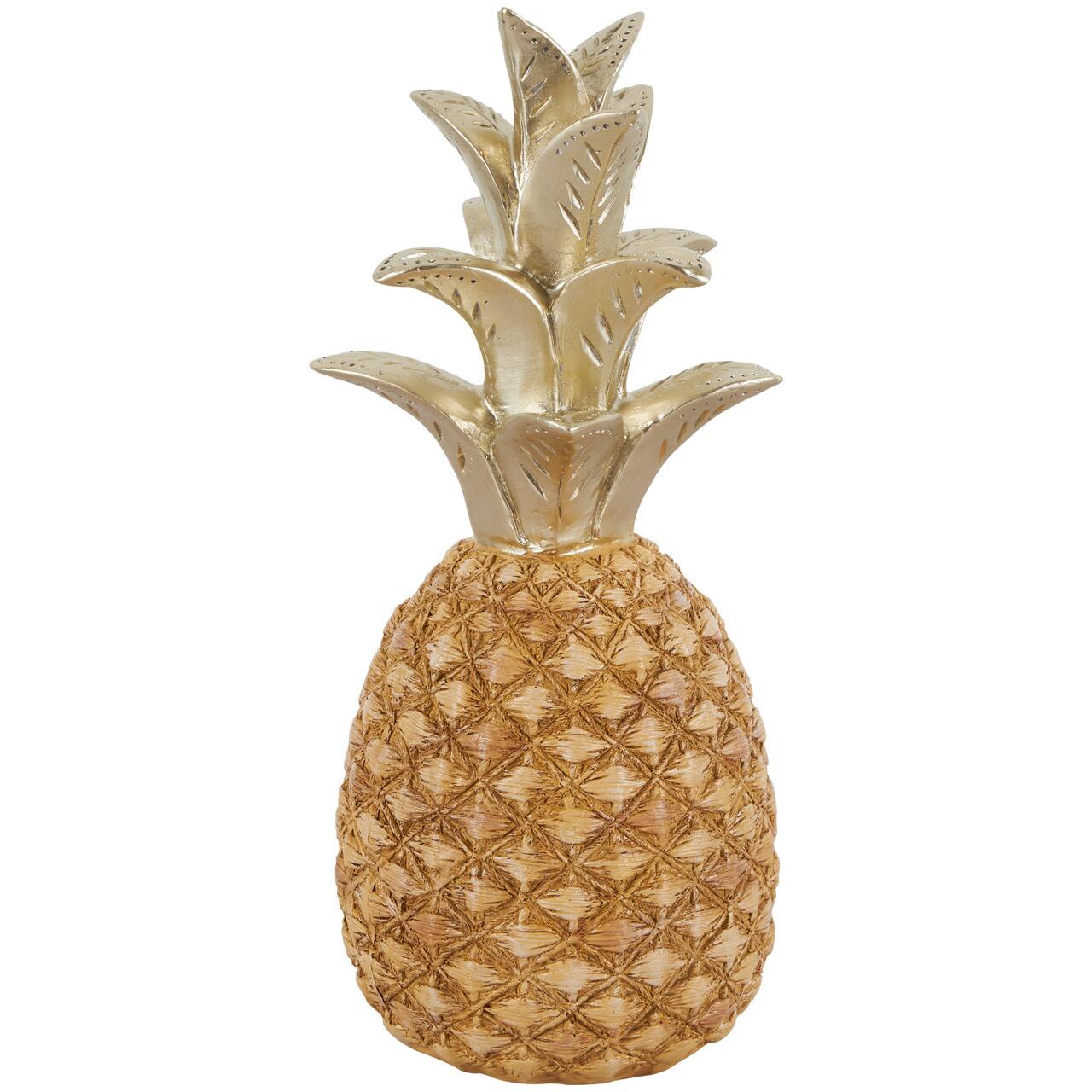 13" Gold Textured Pineapple Fruit Sculpture with Carved Top